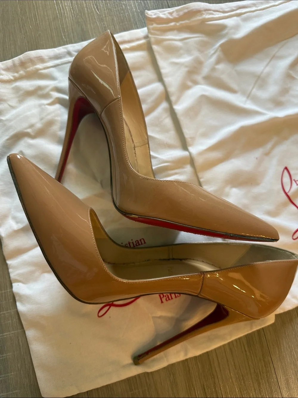 Christian Louboutin Nude Patent Pointed Toe Stiletto Pumps
